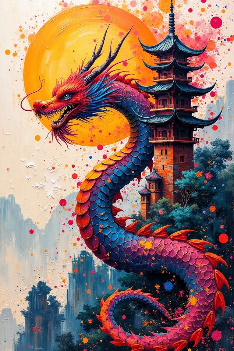 An abstract acrylic art piece featuring a Chinese dragon and a temple,  set on coarse canvas. Erratic strokes and bold sha...
