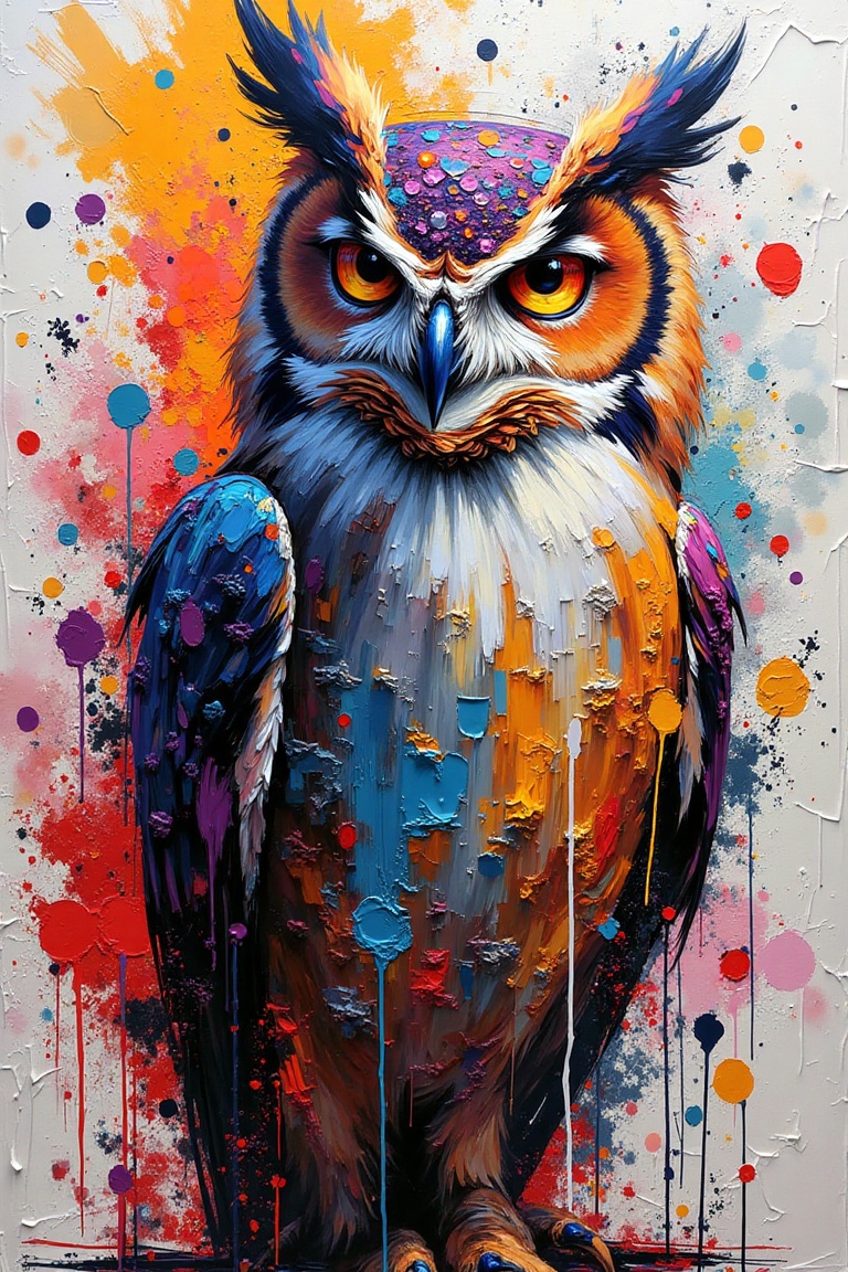 In this striking abstract acrylic art,  the owl emerges as a central figure,  its features obscured by erratic strokes and...