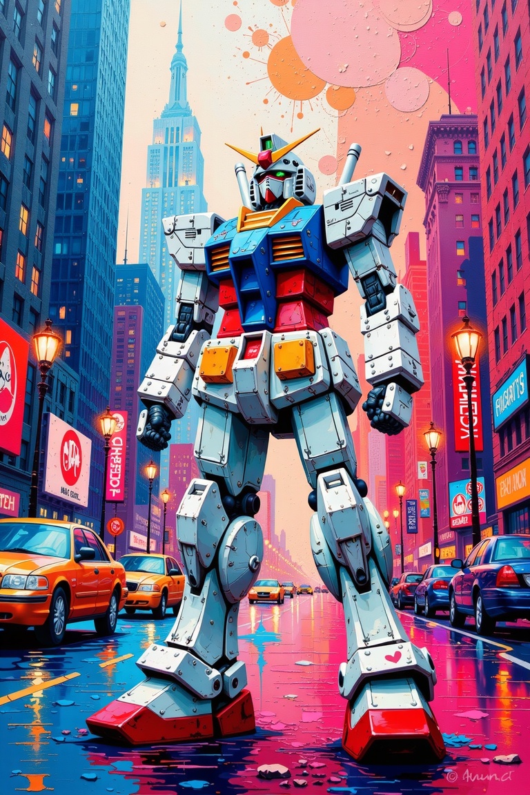 An abstract acrylic art piece featuring a Gundam in New York City,  set on coarse canvas. Erratic strokes and bold shapes...