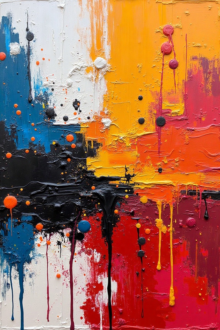 An abstract acrylic art piece on coarse canvas,  featuring erratic strokes and bold shapes with high contrast. Dynamic pat...