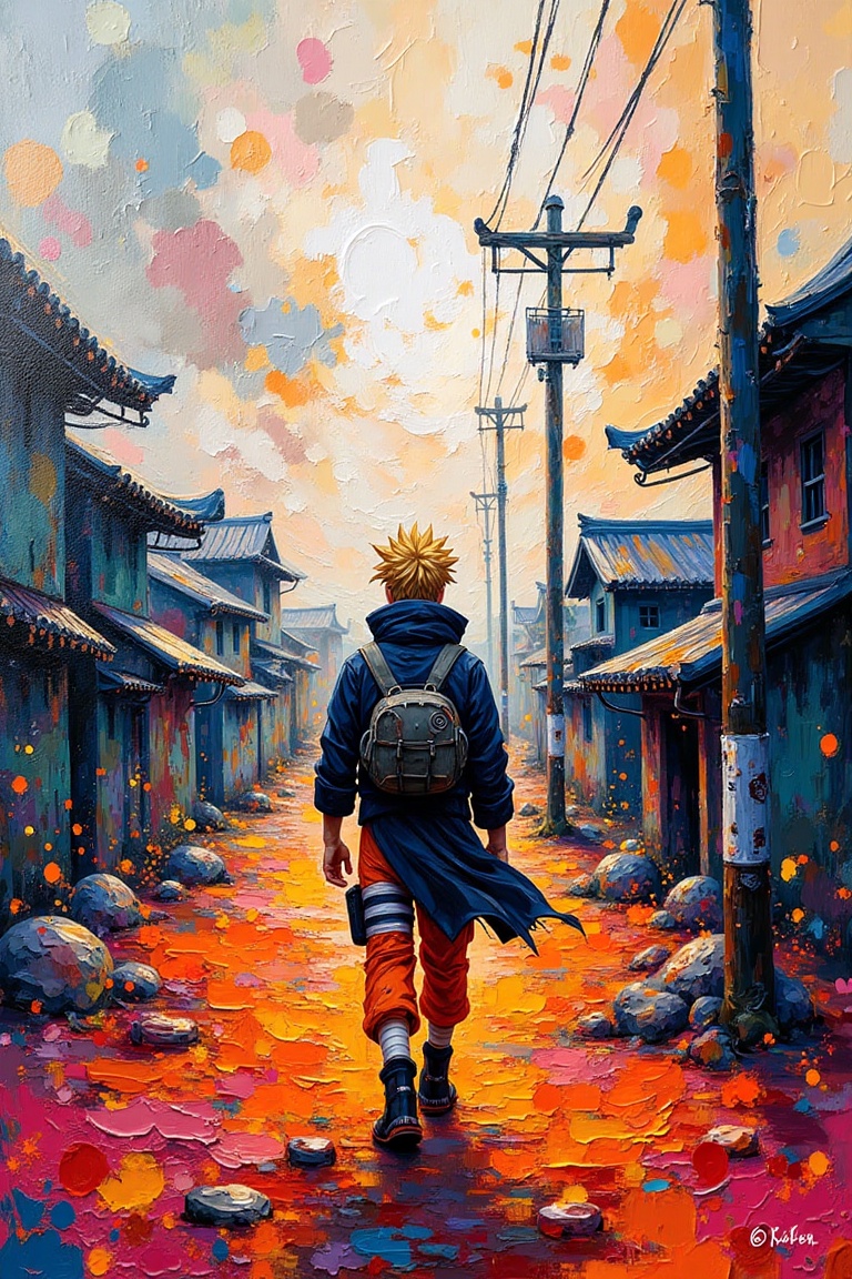 An abstract acrylic art piece featuring Naruto in Konoha,  set on coarse canvas. Erratic strokes and bold shapes define Na...