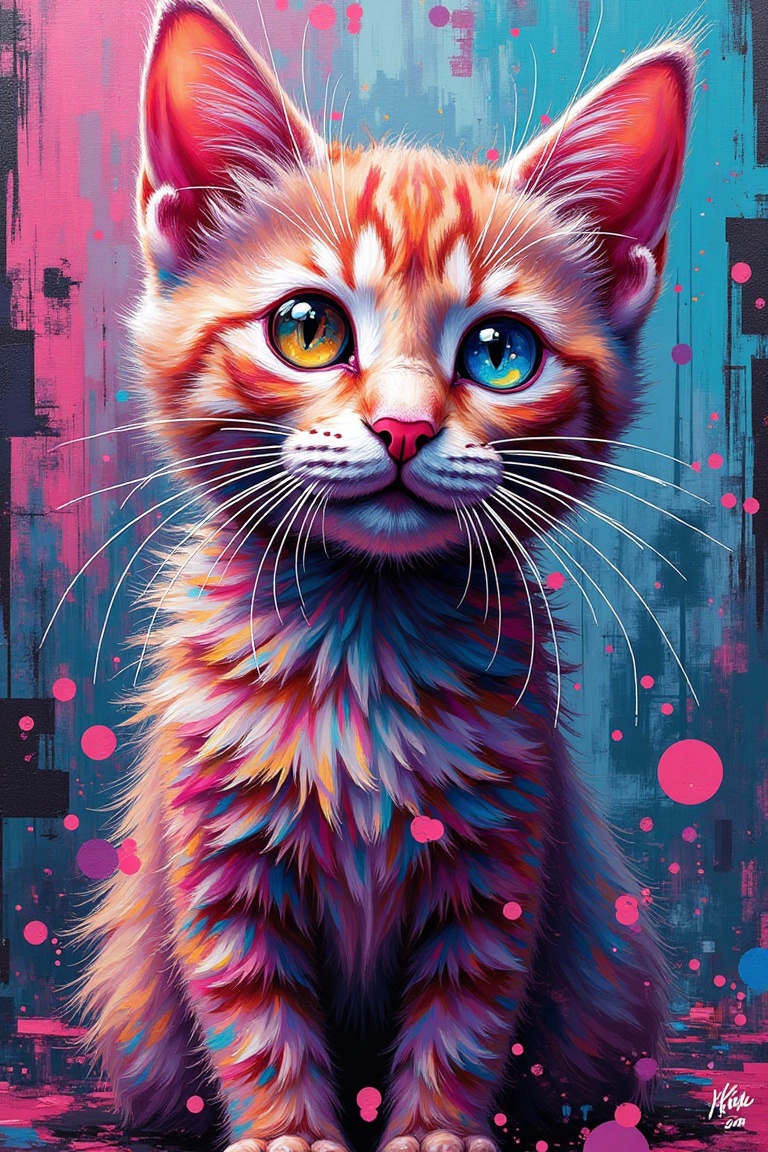 An acrylic art piece featuring a glitch art-style anthropomorphic cat,  fragmented and pixelated with digital artifacts an...