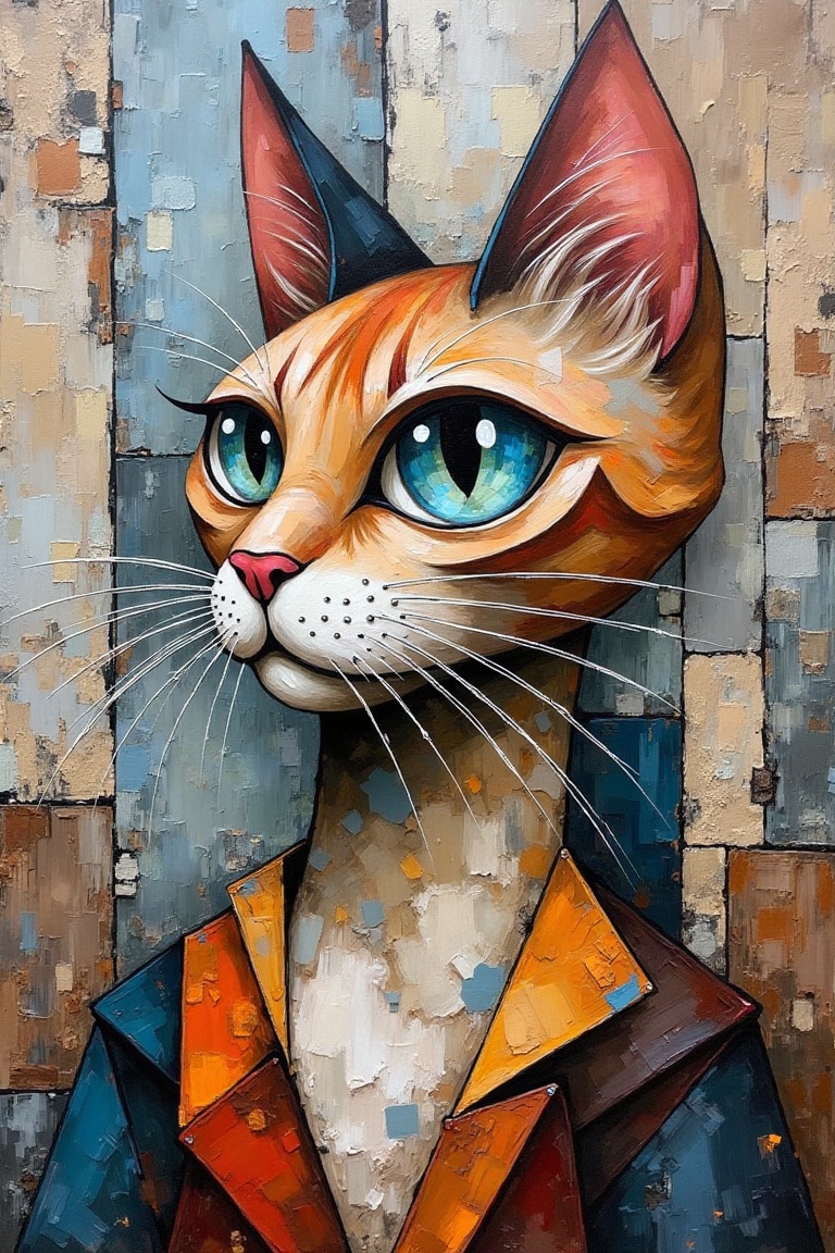 An acrylic Cubist-style artwork of an anthropomorphic cat,  inspired by Picasso and Braque. The cat's form is fragmented i...