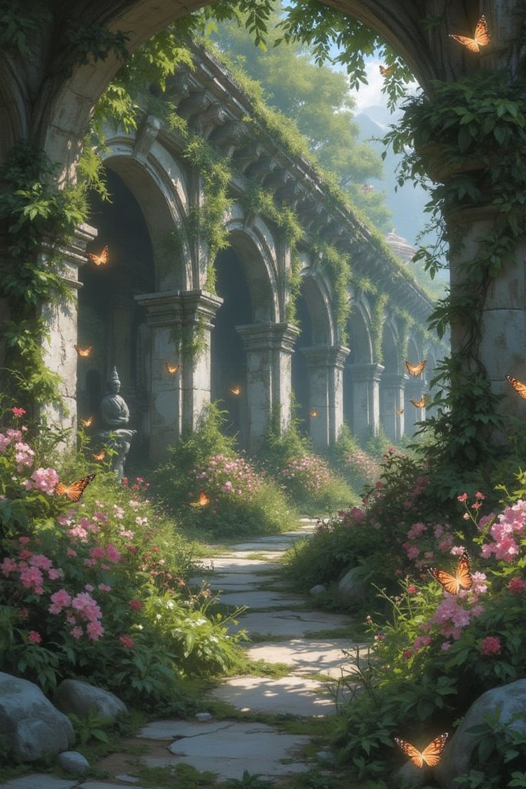 painting,  A secret hidden garden within ancient ruins,  vines and flowers reclaiming the stone pathways on Tensor.Art
