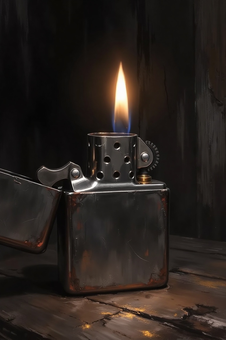 painting,  A heavy steel lighter flickering to life in the darkness,  the flame casting sharp reflections on a scratched m...