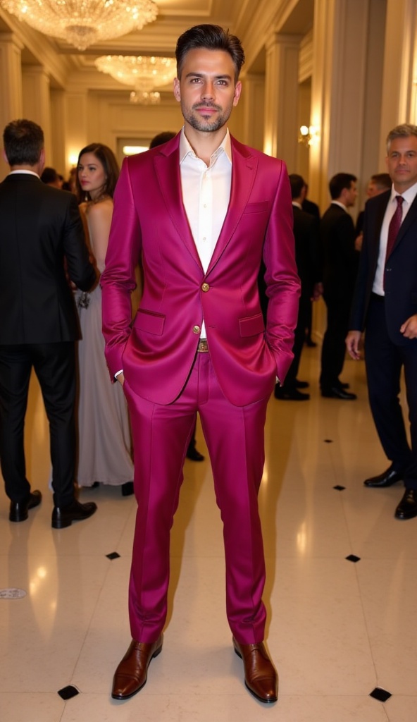 male,  standing wearing a super sexy and hot silky suit in a foyer of a luxury hotel,  public on Tensor.Art