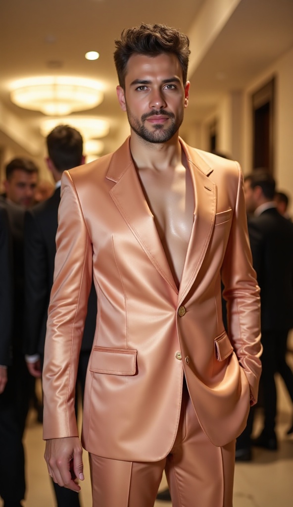 hot sexy model male,  standing wearing a super sexy and hot silky suit in a foyer of a luxury hotel,  public on Tensor.Art