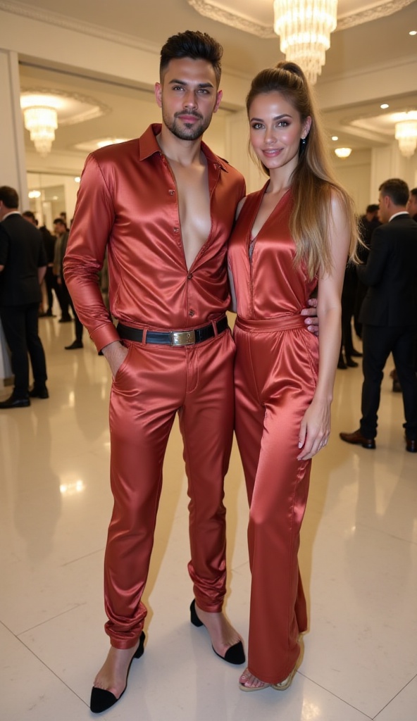 hot sexy model male,  standing with a beautiful woman with long hair wearing a super sexy and hot silky matching outfits i...