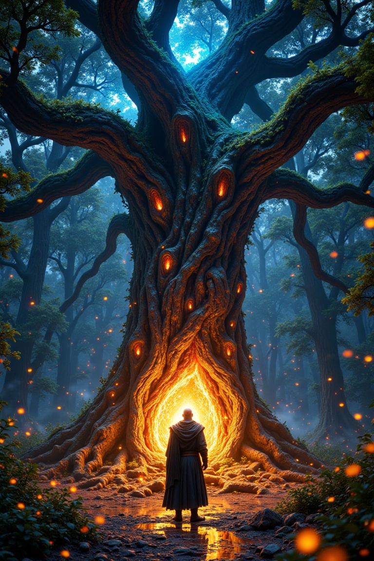 A full shot of a magnificent,  ancient,  fire-enchanted tree with a middle-aged on Tensor.Art