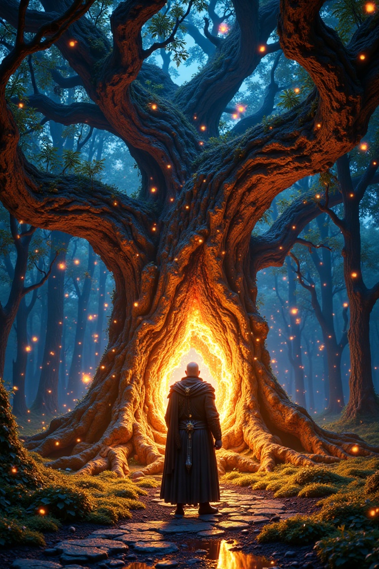 A full shot of a magnificent,  ancient,  fire-enchanted tree with a middle-aged on Tensor.Art