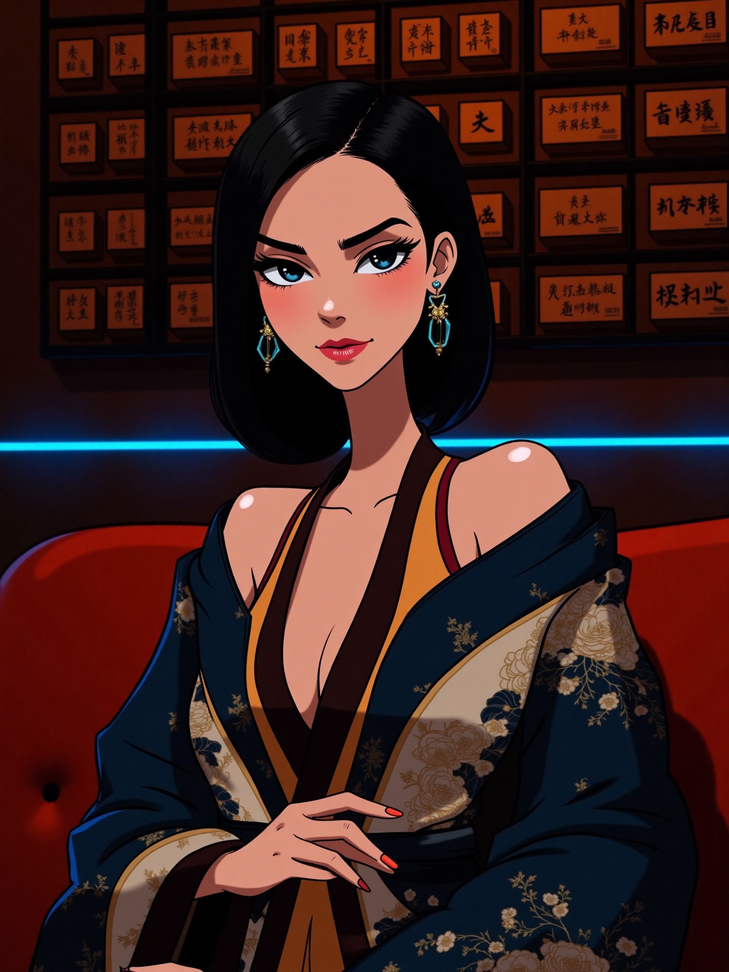 Here is a detailed prompt describing the image: A young woman with sleek,  shoulder-length dark hair poses elegantly in a...