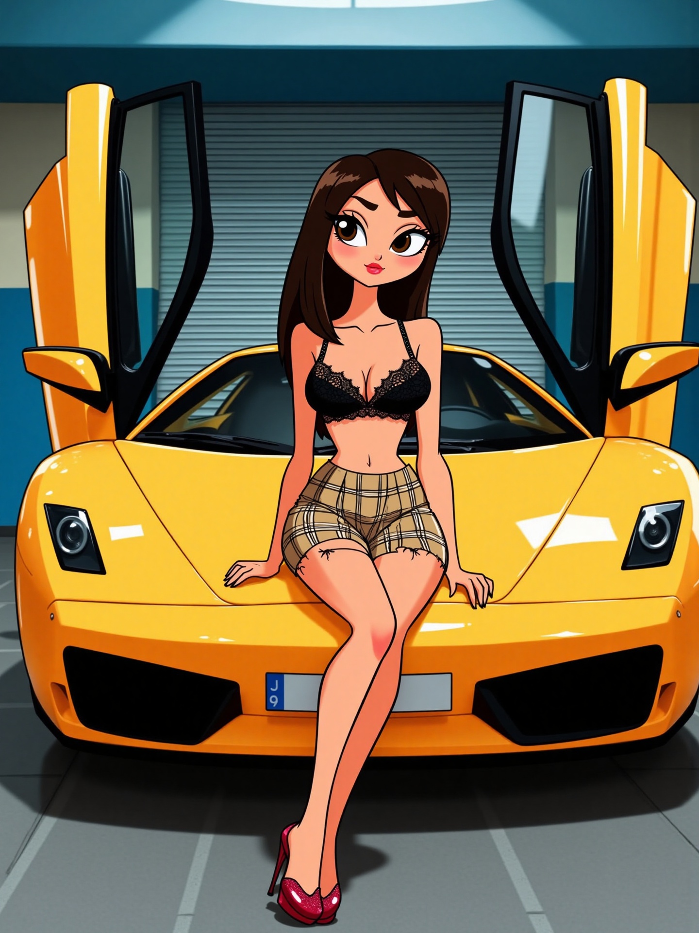 The image features a young woman with long,  straight dark brown hair and fair skin sitting on the hood of a yellow Lambor...
