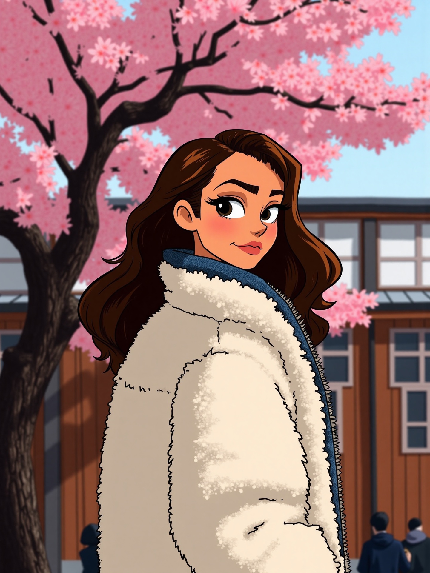 The image captures a young woman standing outdoors during daytime,  surrounded by cherry blossoms in full bloom. She is sl...