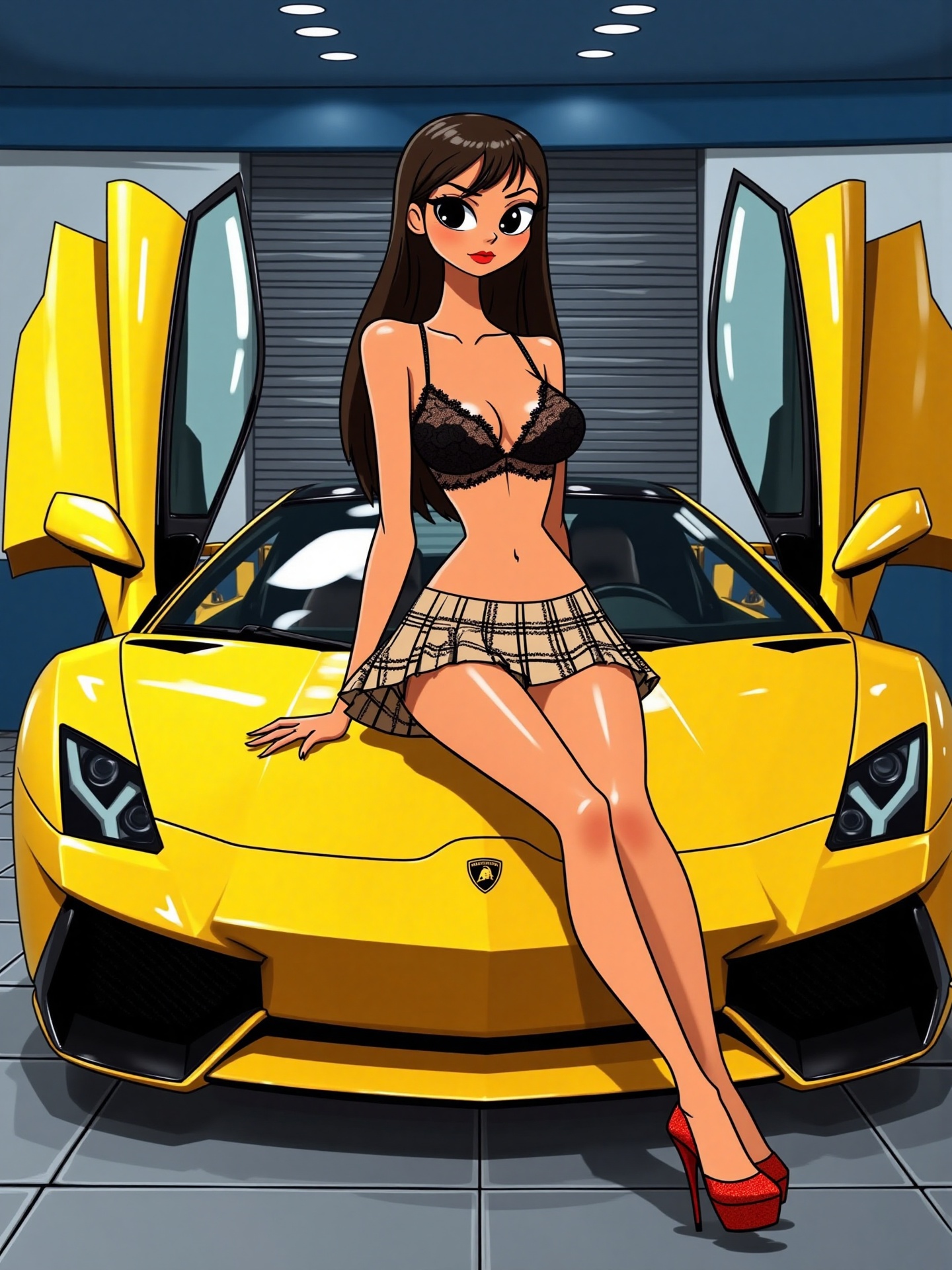 The image features a young woman with long,  straight dark brown hair and fair skin sitting on the hood of a yellow Lambor...