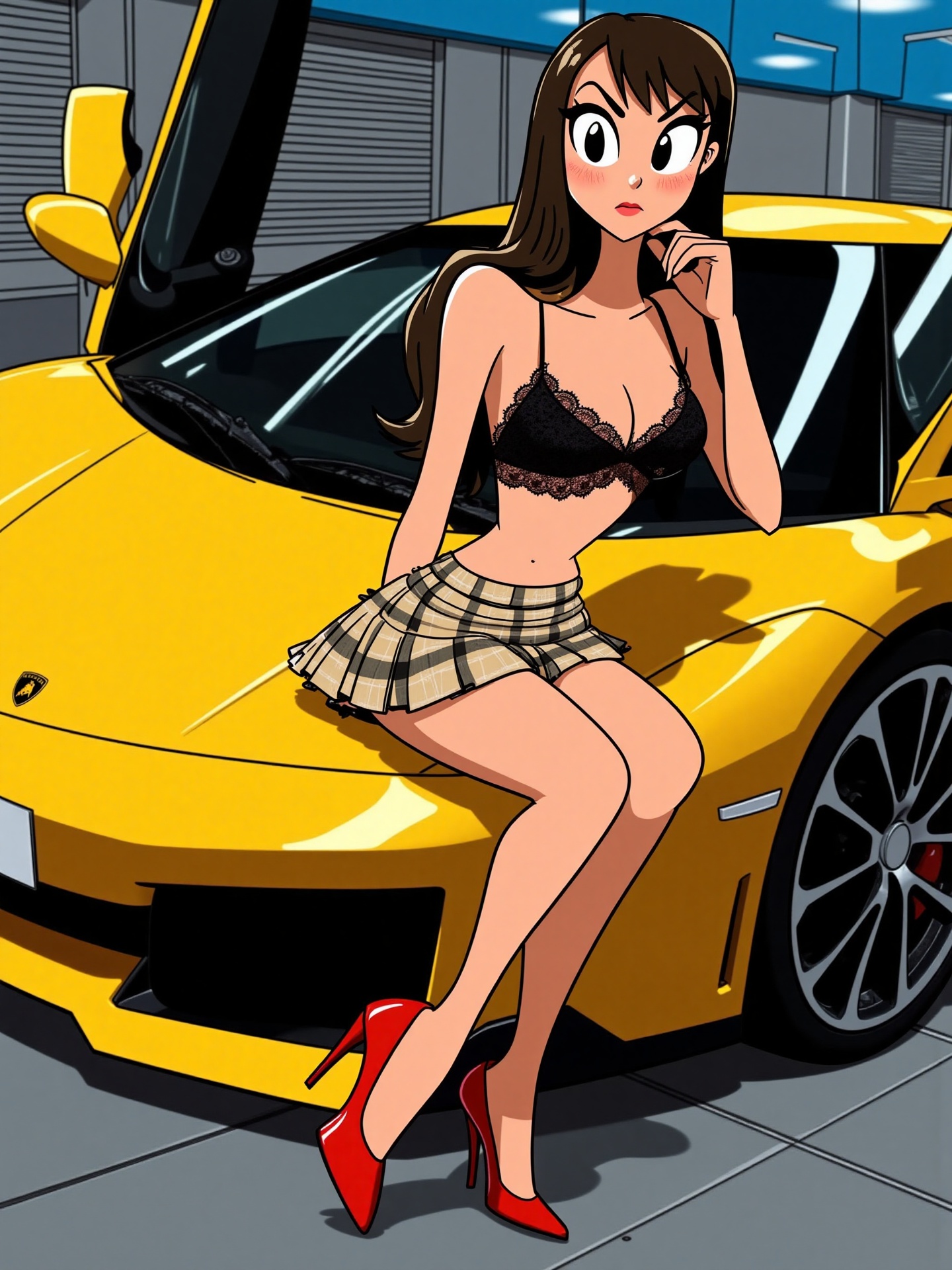 The image features a young woman with long,  straight dark brown hair and fair skin sitting on the hood of a yellow Lambor...