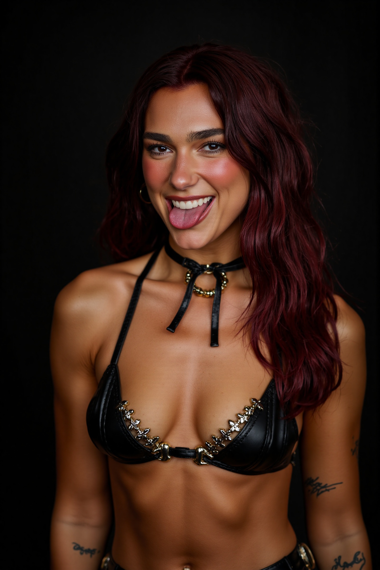 Portrait of a gorgeous woman named DuaL1pa with open lush breasts,  a thin leather bra,  waist-length. The woman playfully...