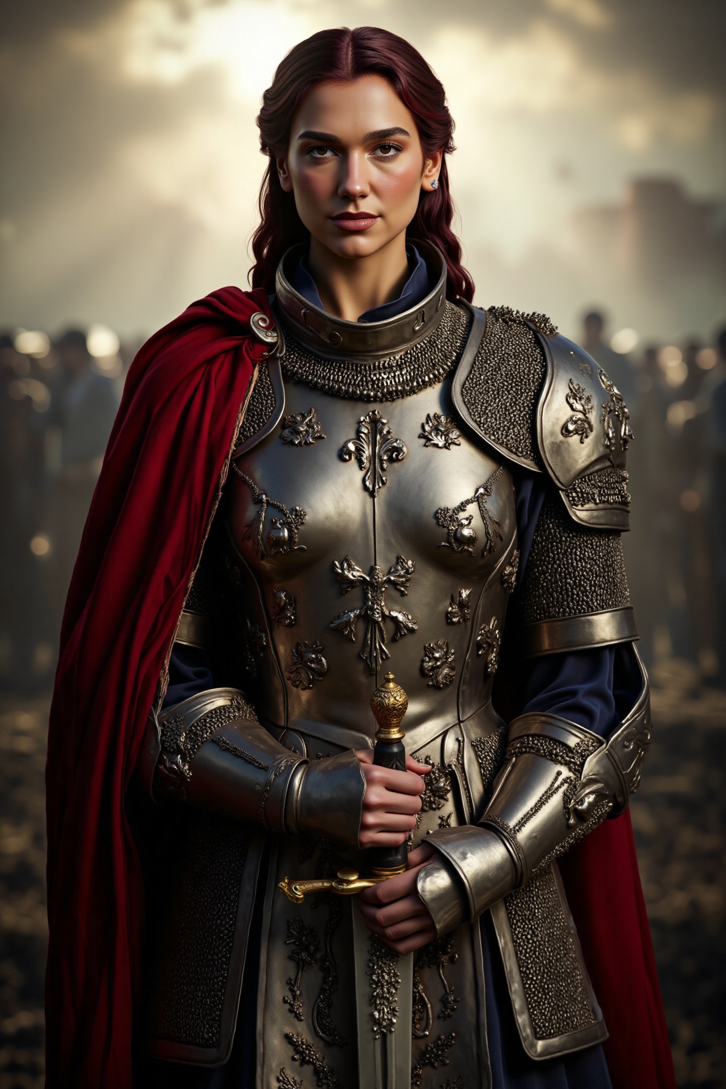 A charismatic medieval portrait of DuaL1pa as a warrior queen,  clad in detailed silver armor adorned with intricate engra...