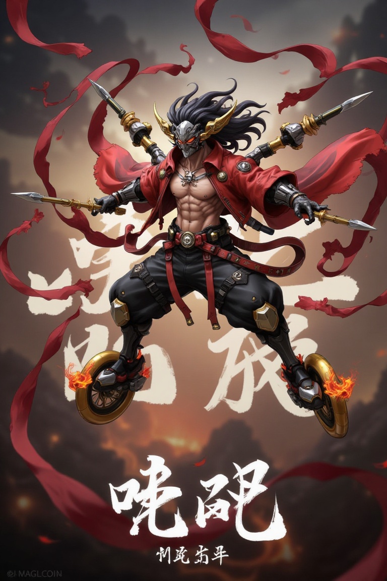This image shows a dramatic,  fiery scene featuring a character inspired by the mythological figure Nezha. The character i...