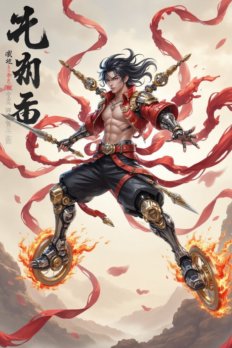This image shows a dramatic,  fiery scene featuring a character inspired by the mythological figure Nezha. The character i...