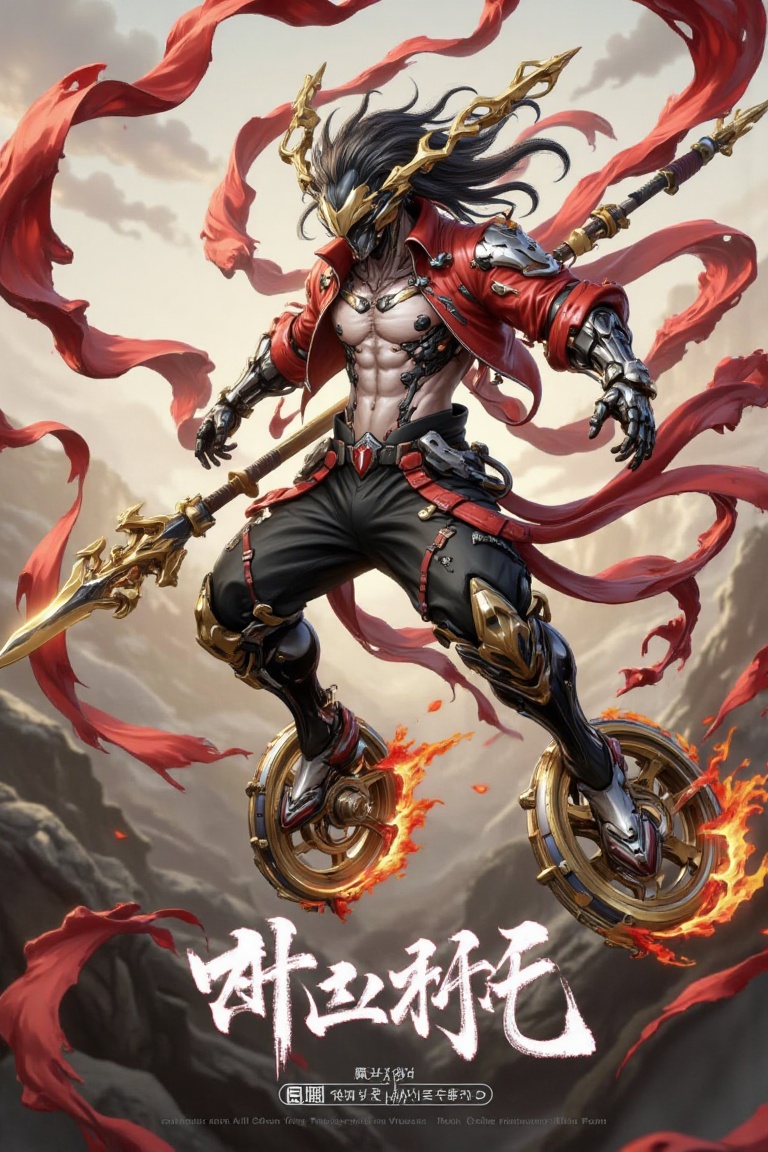 This image shows a dramatic,  fiery scene featuring a character inspired by the mythological figure Nezha. The character i...
