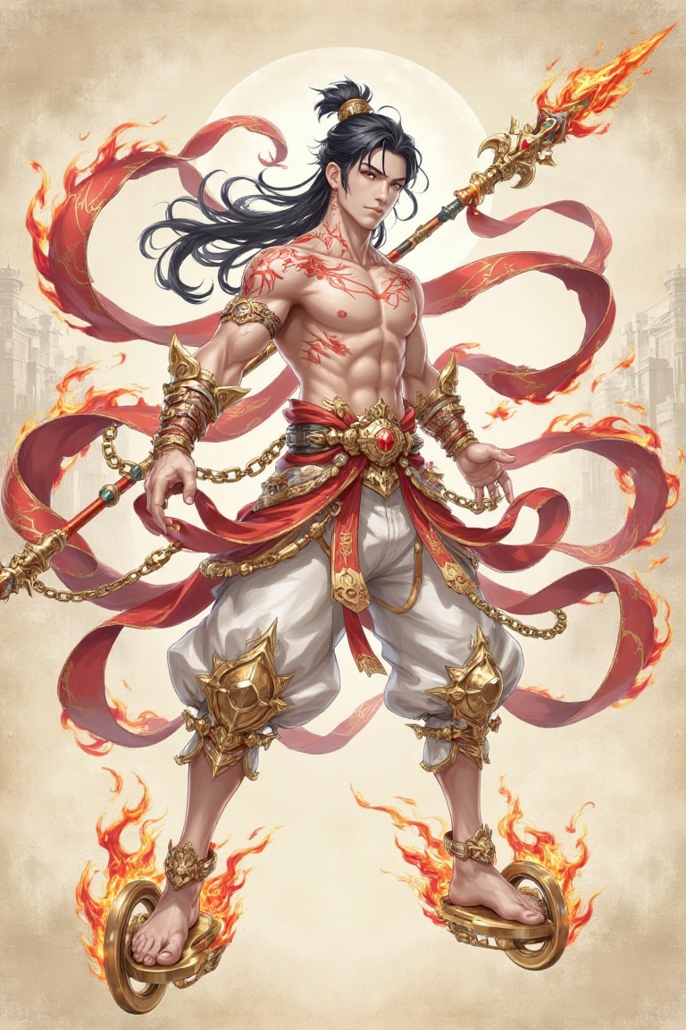 This image depicts a mystical warrior with a striking fusion of Eastern mythology and fantasy aesthetics. The character is...