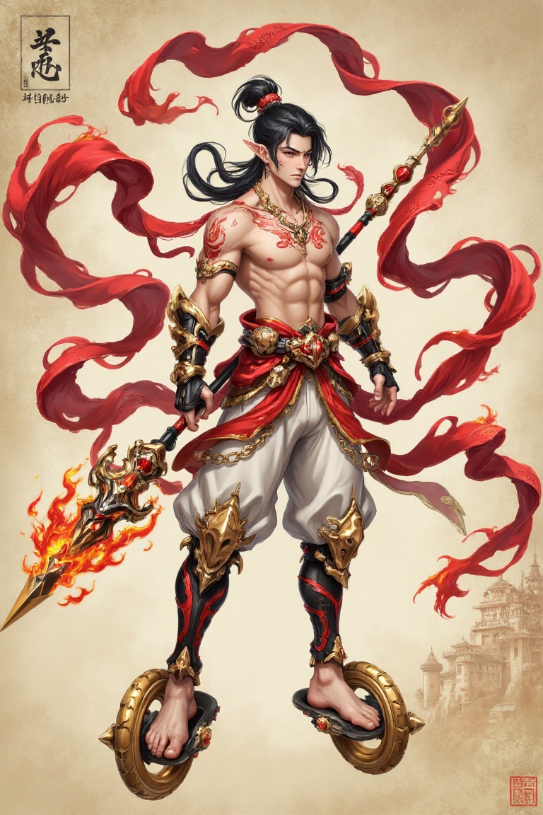 This image depicts a mystical warrior with a striking fusion of Eastern mythology and fantasy aesthetics. The character is...