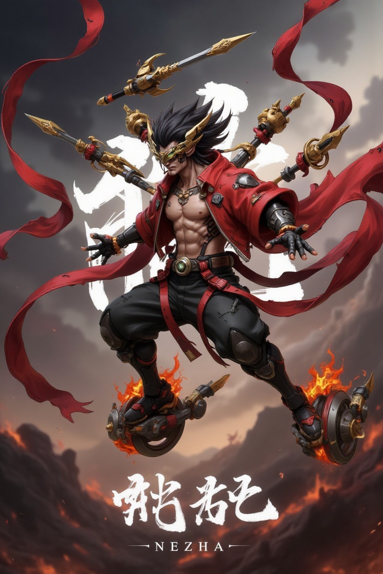 This image shows a dramatic,  fiery scene featuring a character inspired by the mythological figure Nezha. The character i...