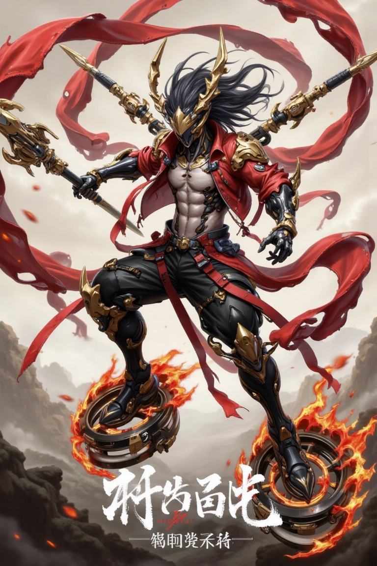 This image shows a dramatic,  fiery scene featuring a character inspired by the mythological figure Nezha. The character i...