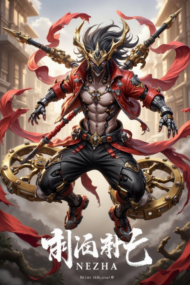 This image shows a dramatic,  fiery scene featuring a character inspired by the mythological figure Nezha. The character i...