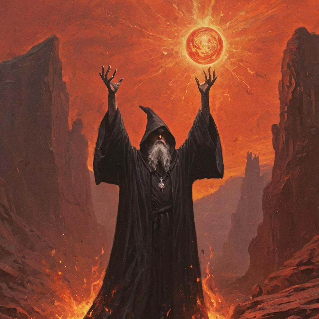 dark fantasy art style,  a painting of wizard in a black robe with arms raised,  summoning a bright orb of light against a...
