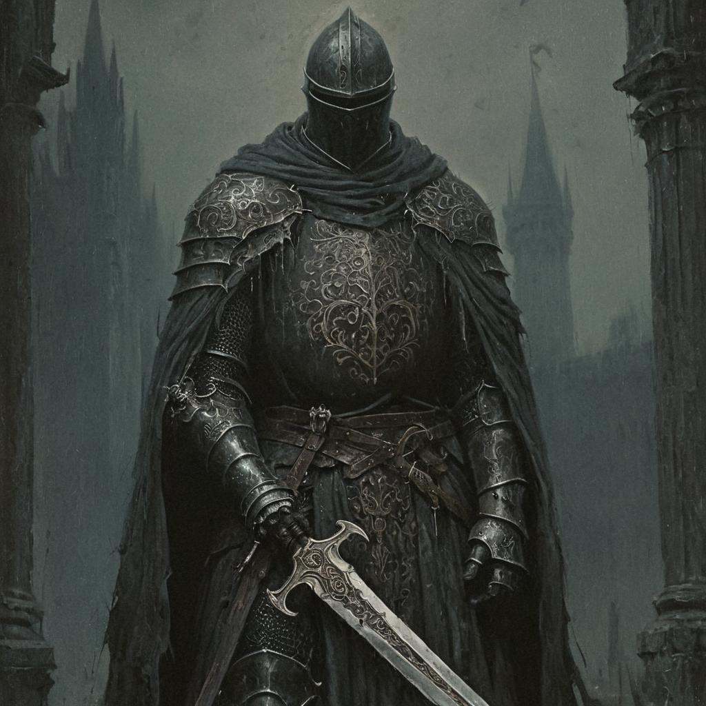dark fantasy art style,  An painting of a brooding knight wearing armor wrapped in a dark and tattered cloak holding a lar...