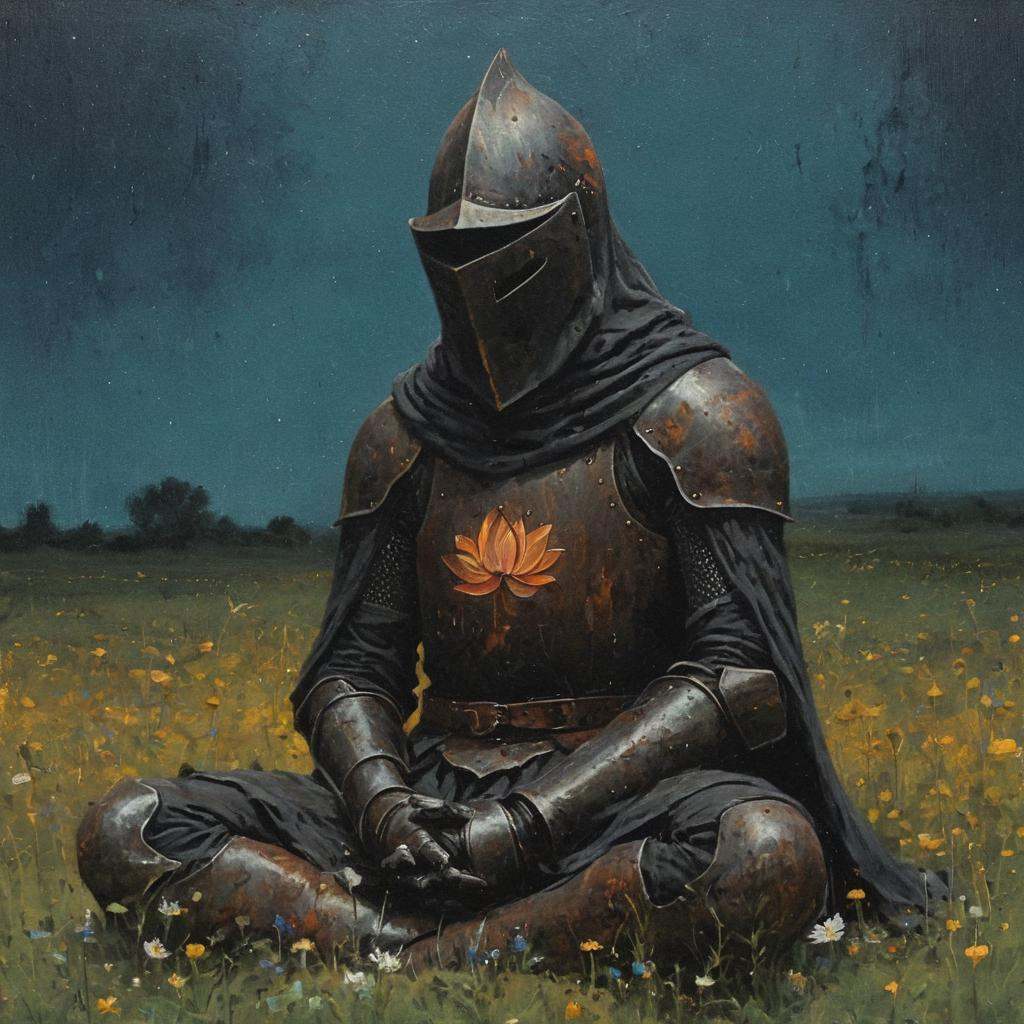 dark fantasy art style,  A close-up portrait painting of mystical scene of a black hooded knight in rusted full armor and...