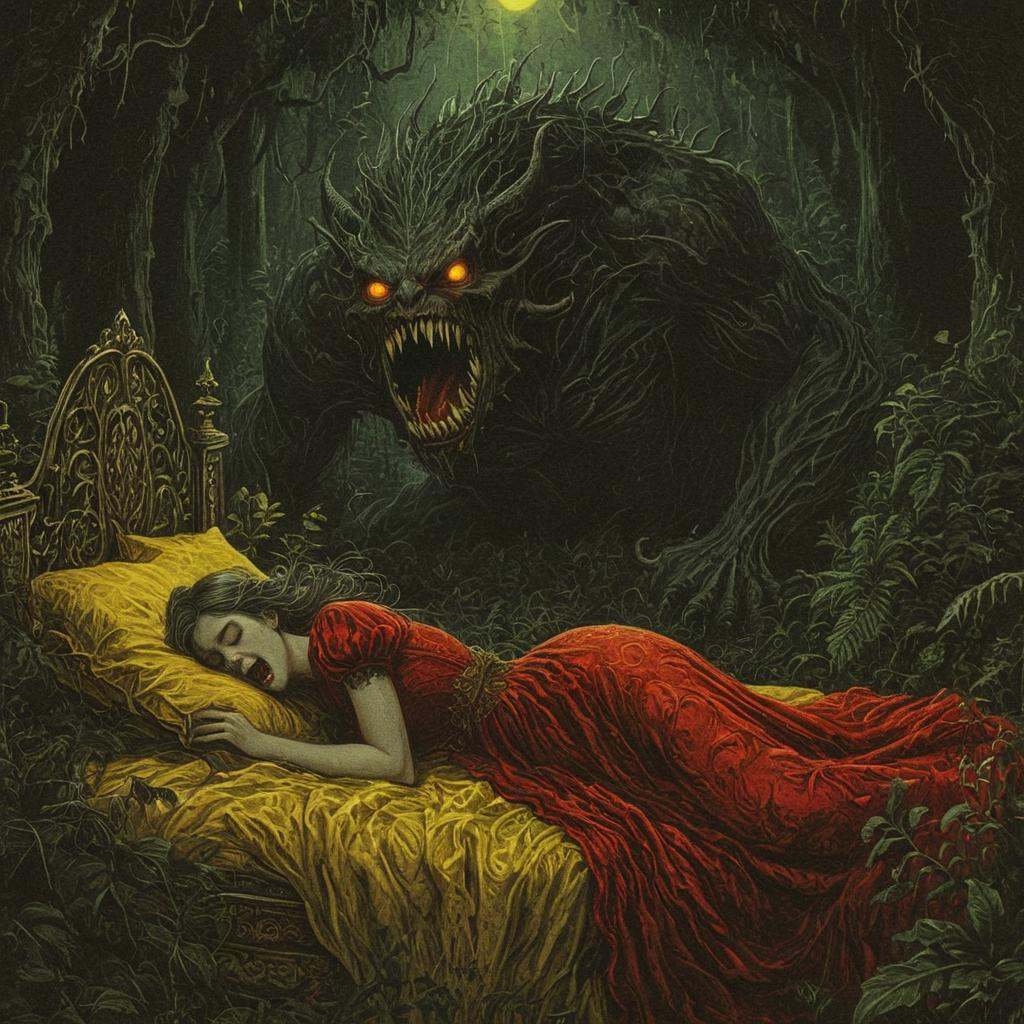 dark fantasy art style,  a drawing illustrations of woman in a red dress sleeping on an ornate bed surrounded by dense fol...