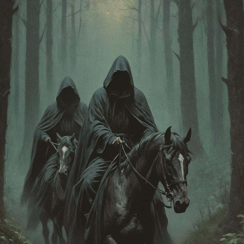 dark fantasy art style,  a close-up painting of two man in dark robes with thick hoods with invisible faces were riding ho...