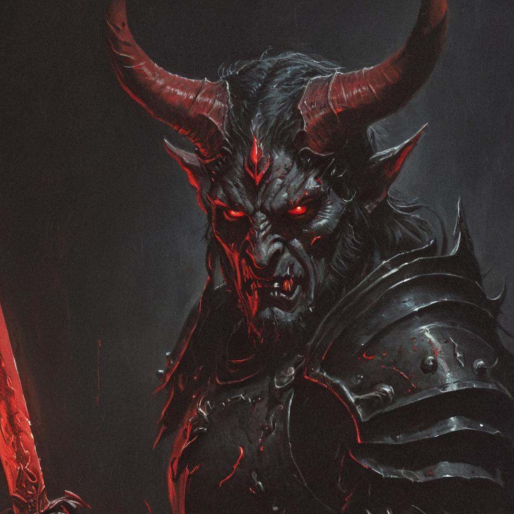 dark fantasy art style,  A close-up portrait painting of of demon warrior with red horns and glowing red eyes,  intricate...