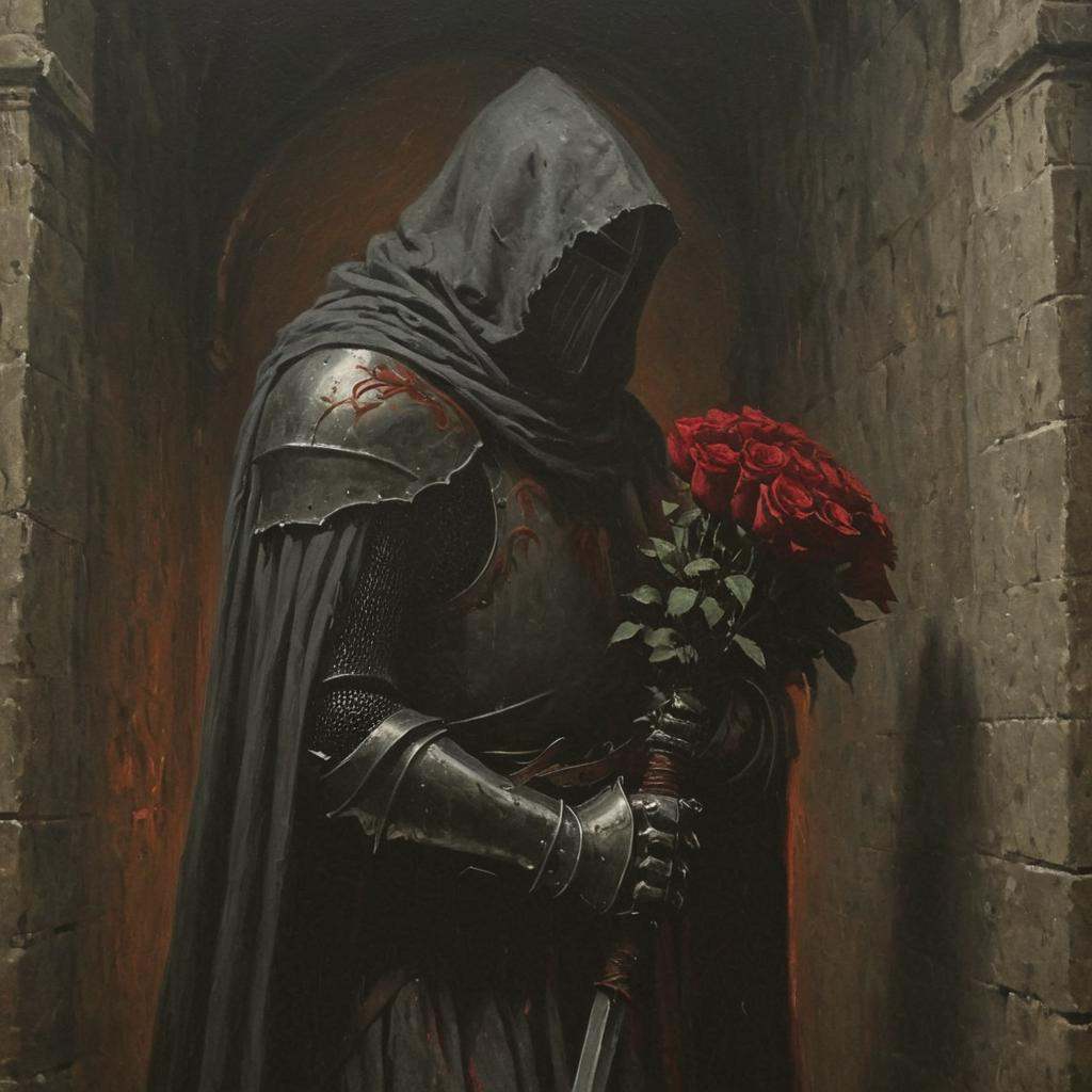 dark fantasy art style,  A painting of medieval knight shrouded in dark robes,  his head and face obscured by a thick hood...