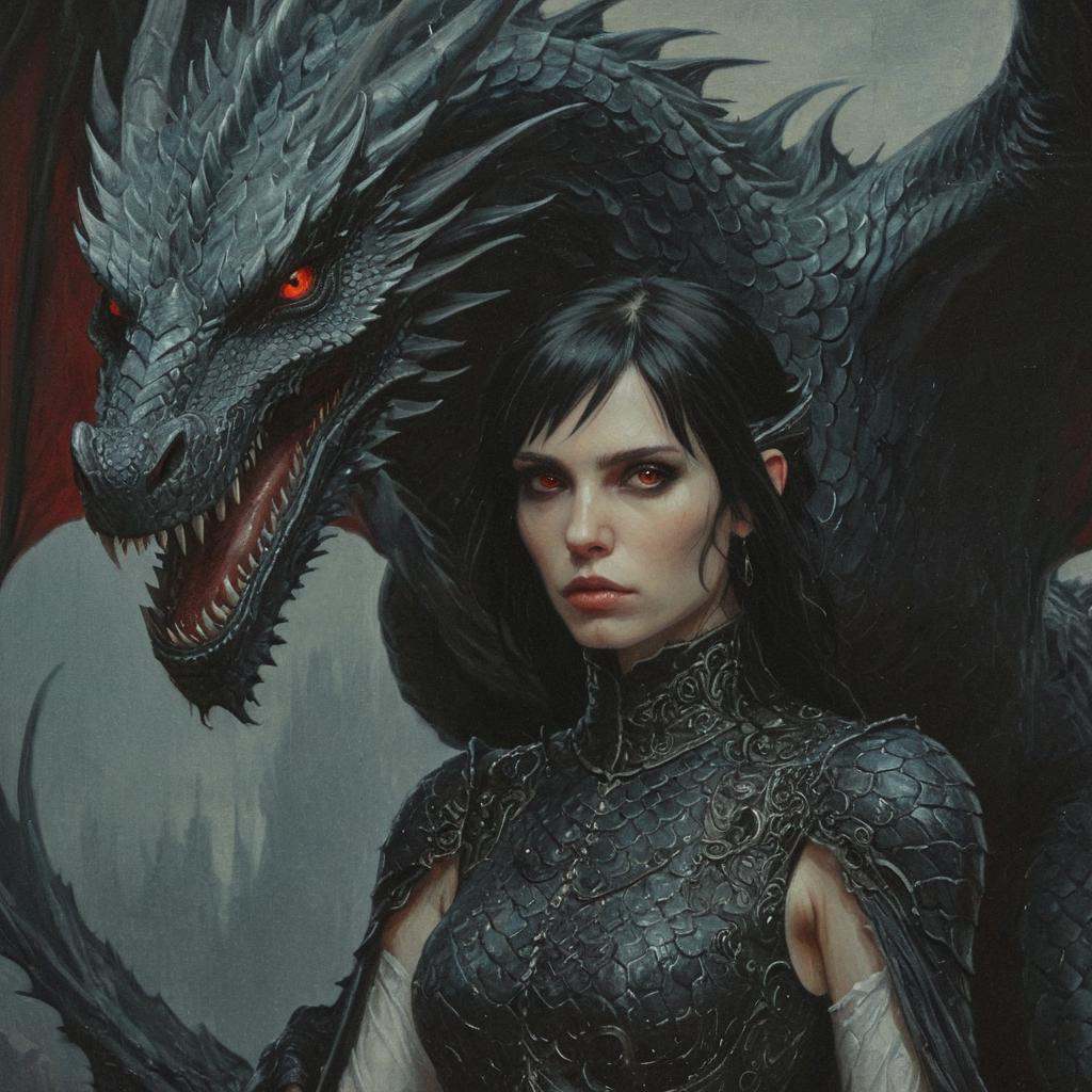dark fantasy art style,  A close-up portrait painting of a pale woman with black hair and eyes standing next to a large da...