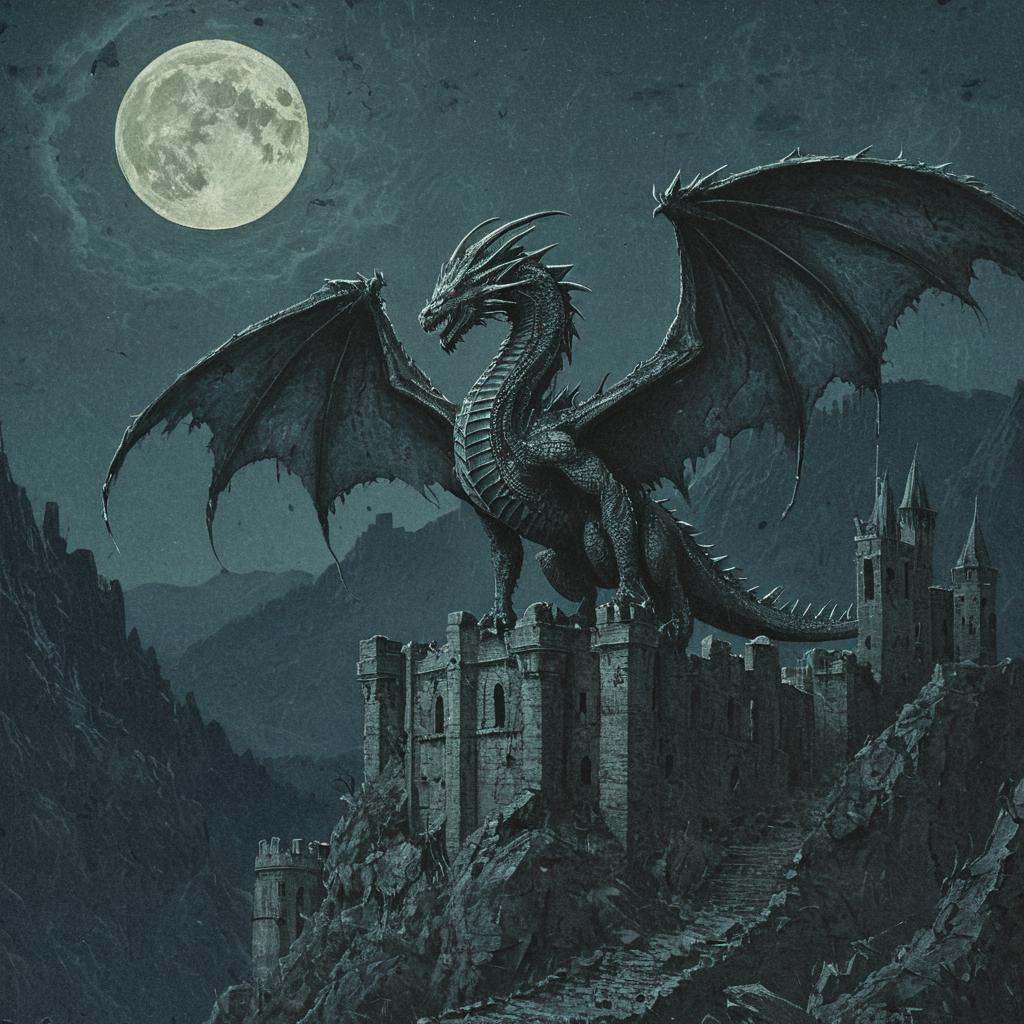 dark fantasy art style,  an drawing illustration of a majestic dragon with tattered wings standing on a ruined fortress un...