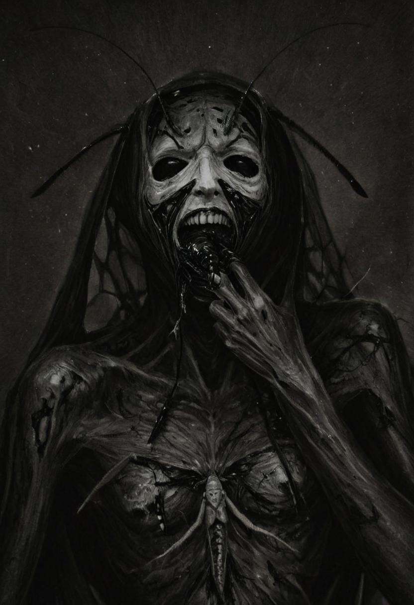 monoxxdr4ws,  A dark,  monochrome drawing depicting a horrifying on Tensor.Art
