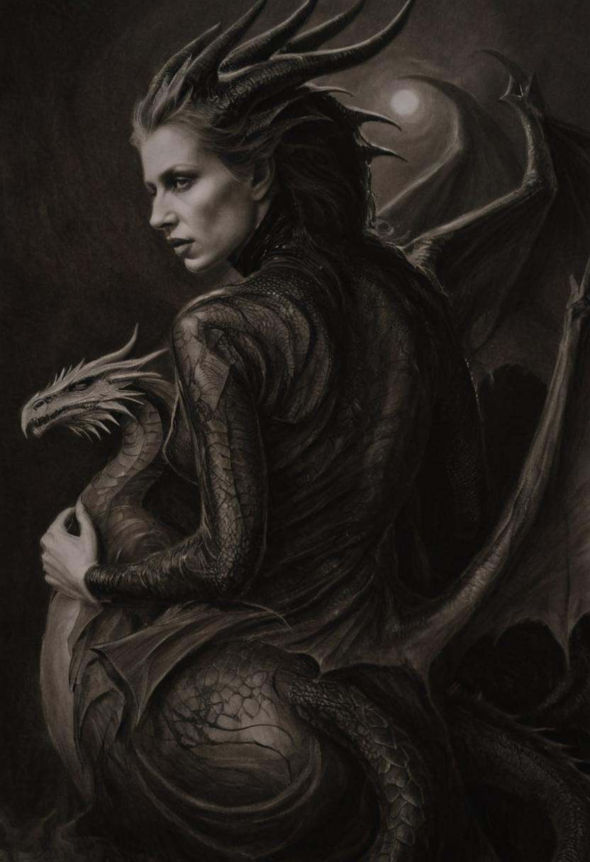 surrealist art monoxxdr4ws,  a dark,  monochrome drawing of pale woman with dragon at her back on Tensor.Art