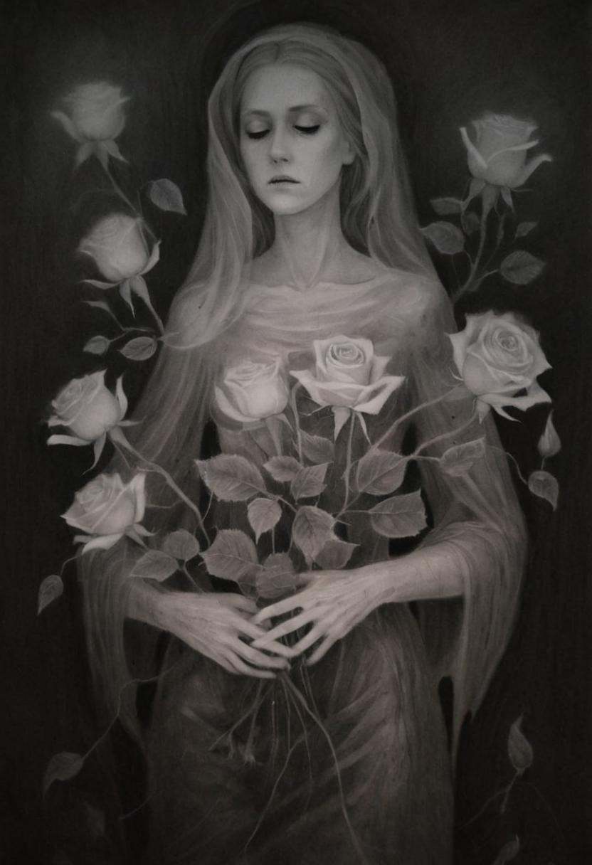 monoxxdr4ws,  A dark,  monochromatic drawing of a woman holding glowing roses on Tensor.Art