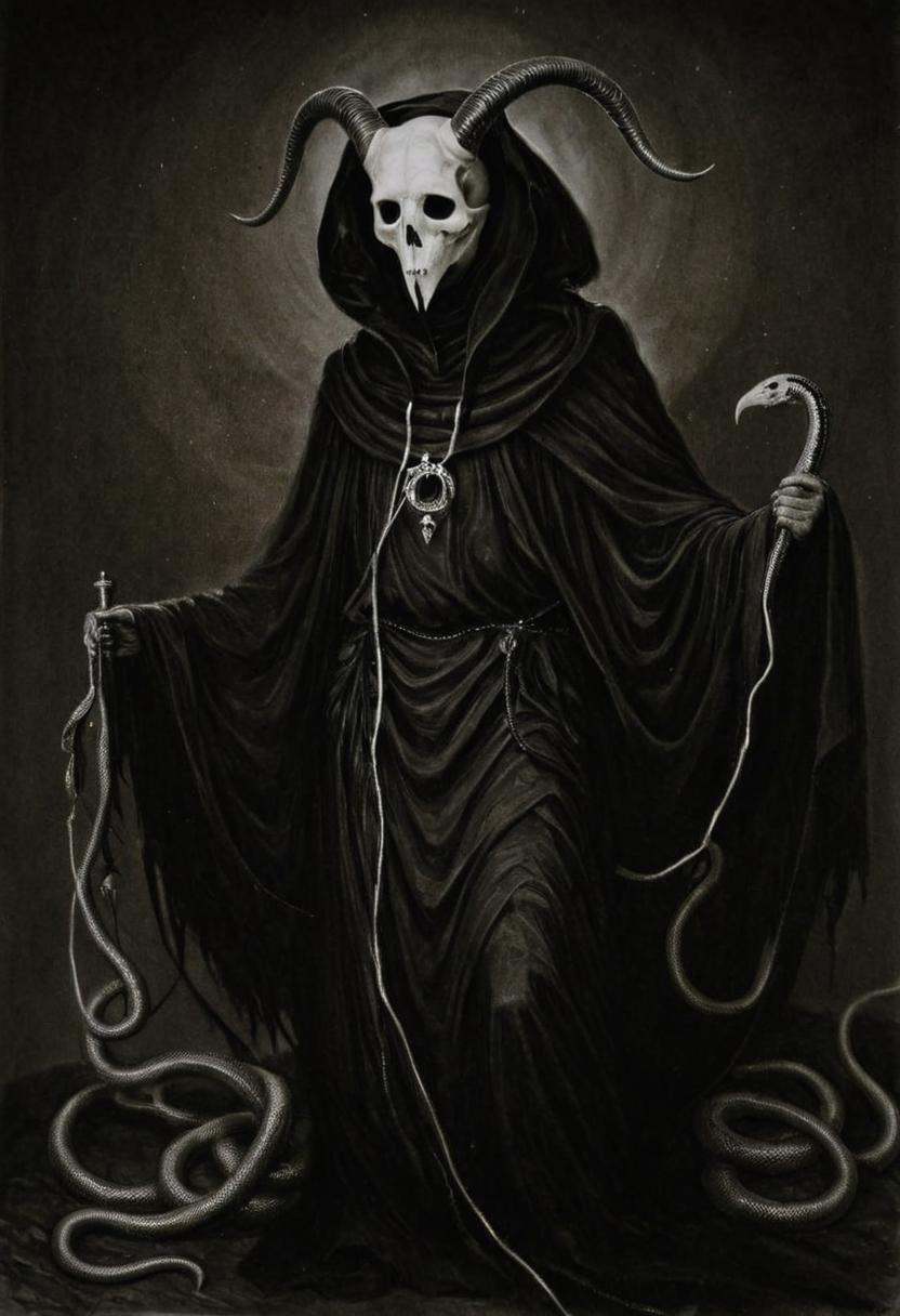 surrealist art monoxxdr4ws,  A dark,  monochrome drawing of a robed figure with a horned skull mask on Tensor.Art