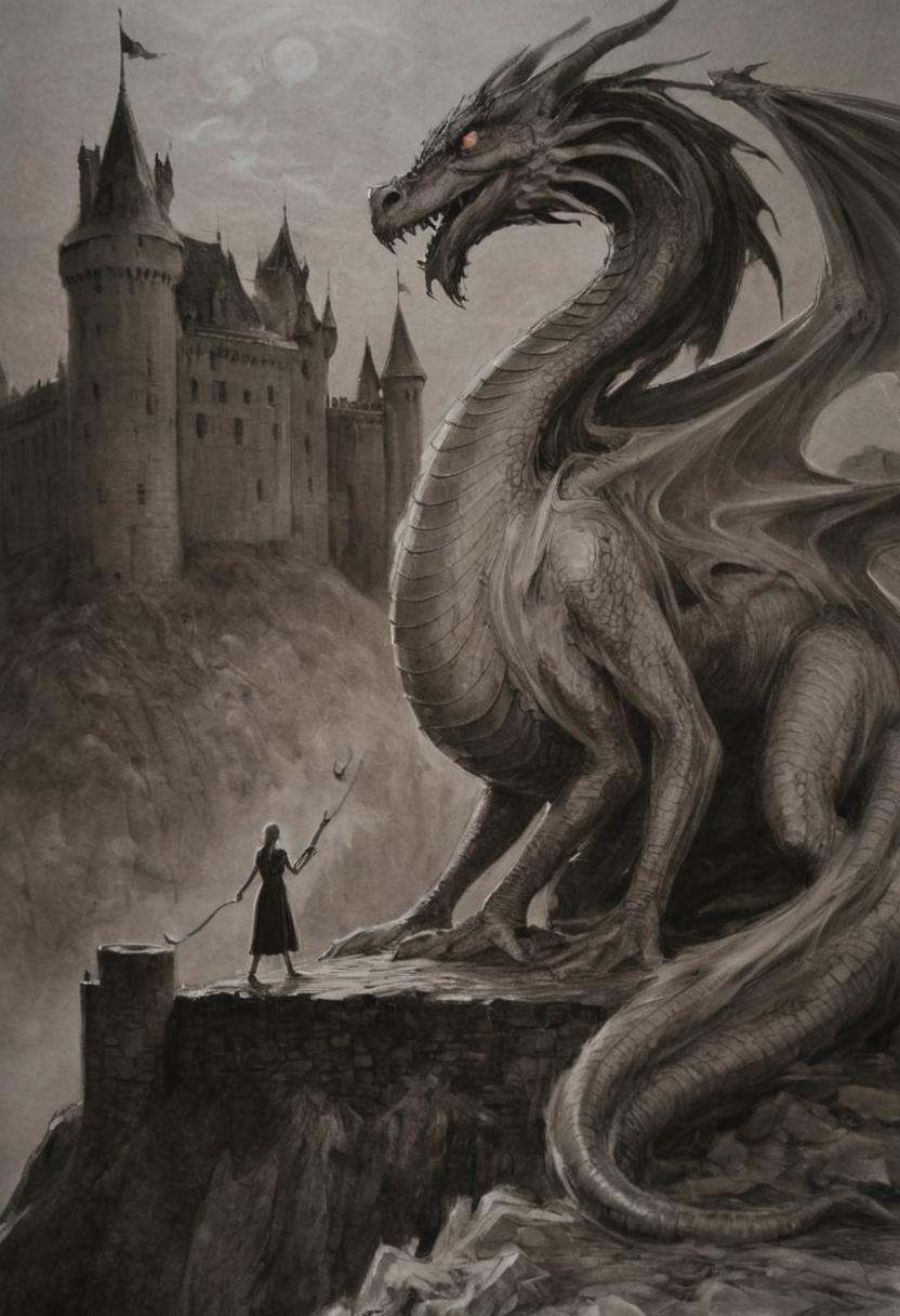 monoxxdr4ws,  monochrome drawing of woman with dragon at qrotesque castle on Tensor.Art