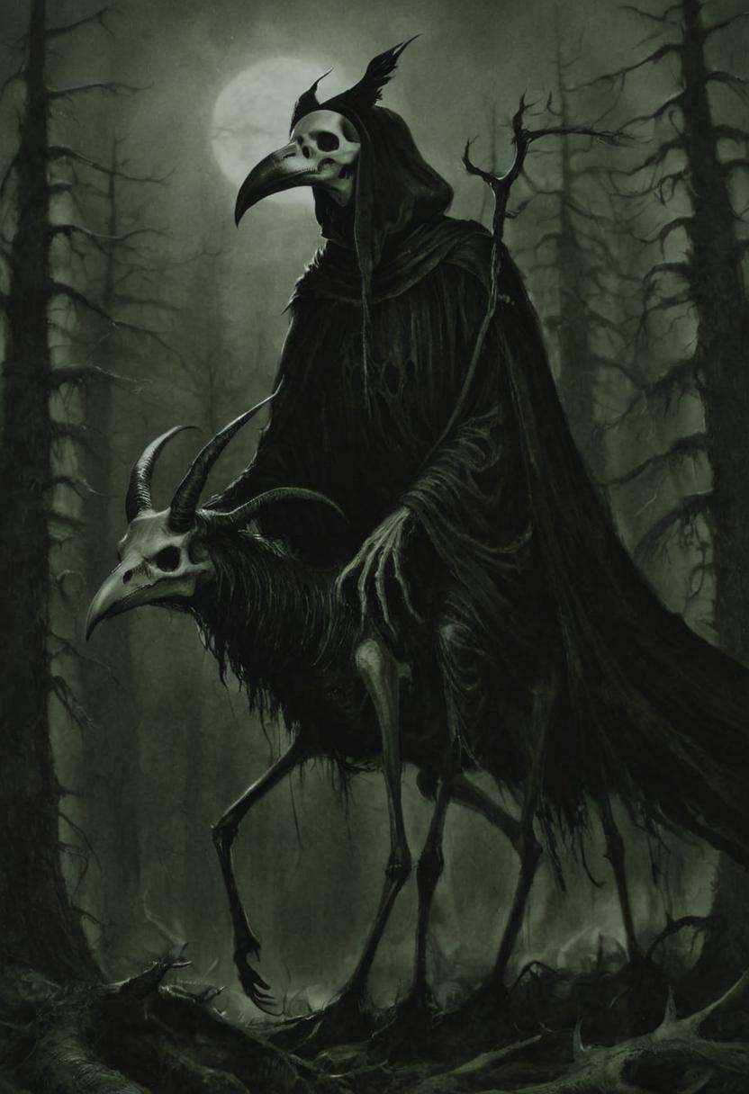 monoxxdr4ws,  A dark,  monochrome drawing of a robed figure with a raven head riding a skeletal on Tensor.Art