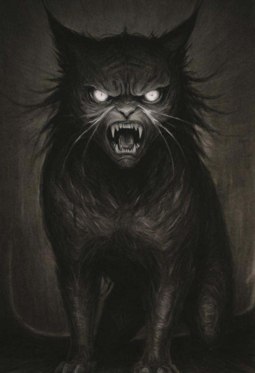 monoxxdr4ws,  A dark,  monochromatic drawing depicting a terrifying feline creature with an angry expression and glowing e...