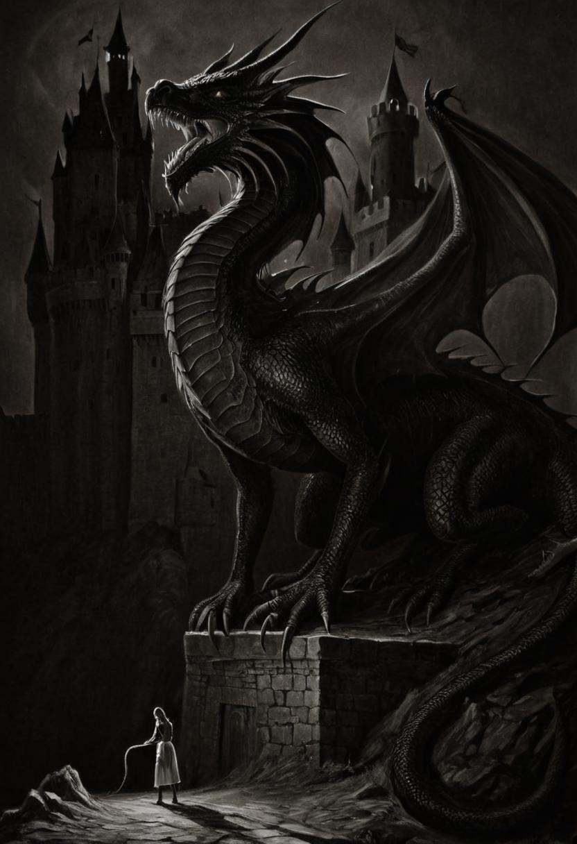 astonishing gloomy art made mainly of shadows and lighting,  forming monoxxdr4ws,  monochrome drawing of woman with dragon...