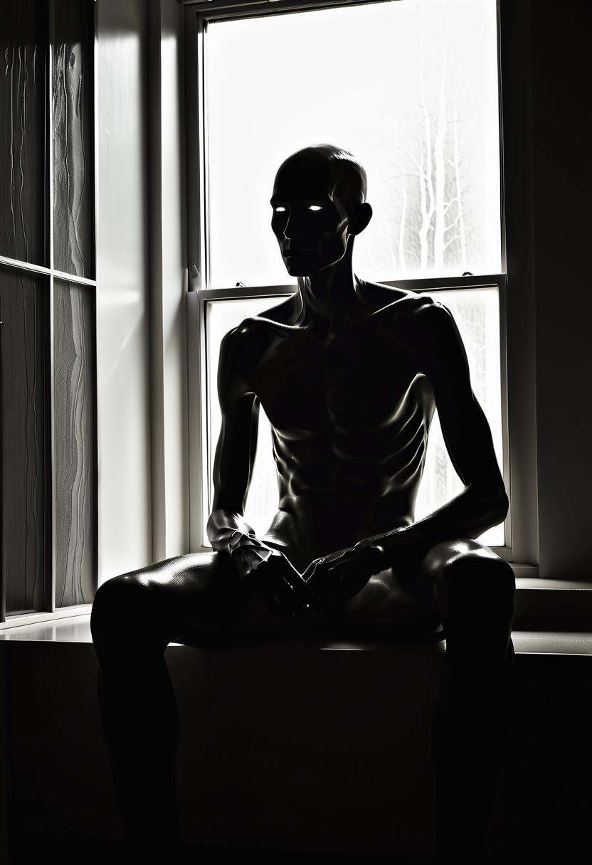 cinematic still monoxxdr4ws,  A dark,  monochrome drawing of a gaunt figure sitting in front of a bright on Tensor.Art