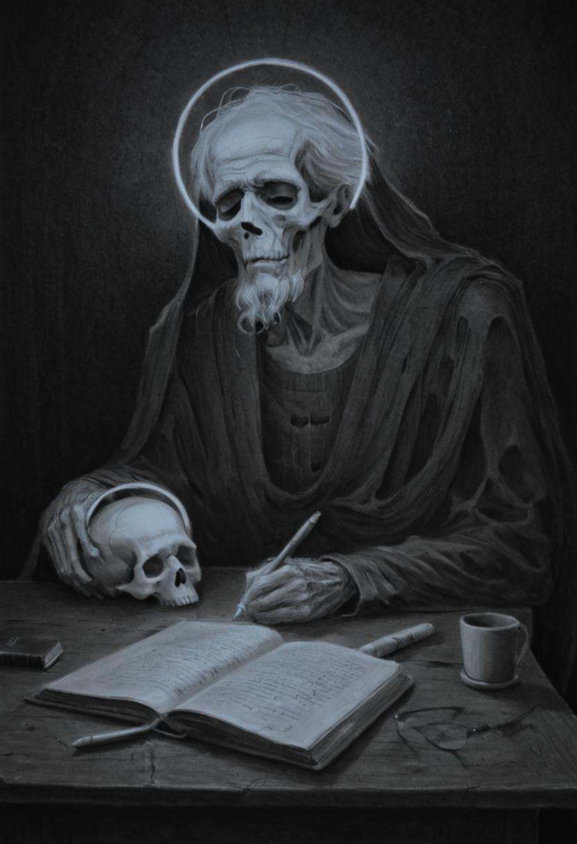 monoxxdr4ws,  A dark,  A monochromatic drawing of an elderly man with a halo on Tensor.Art