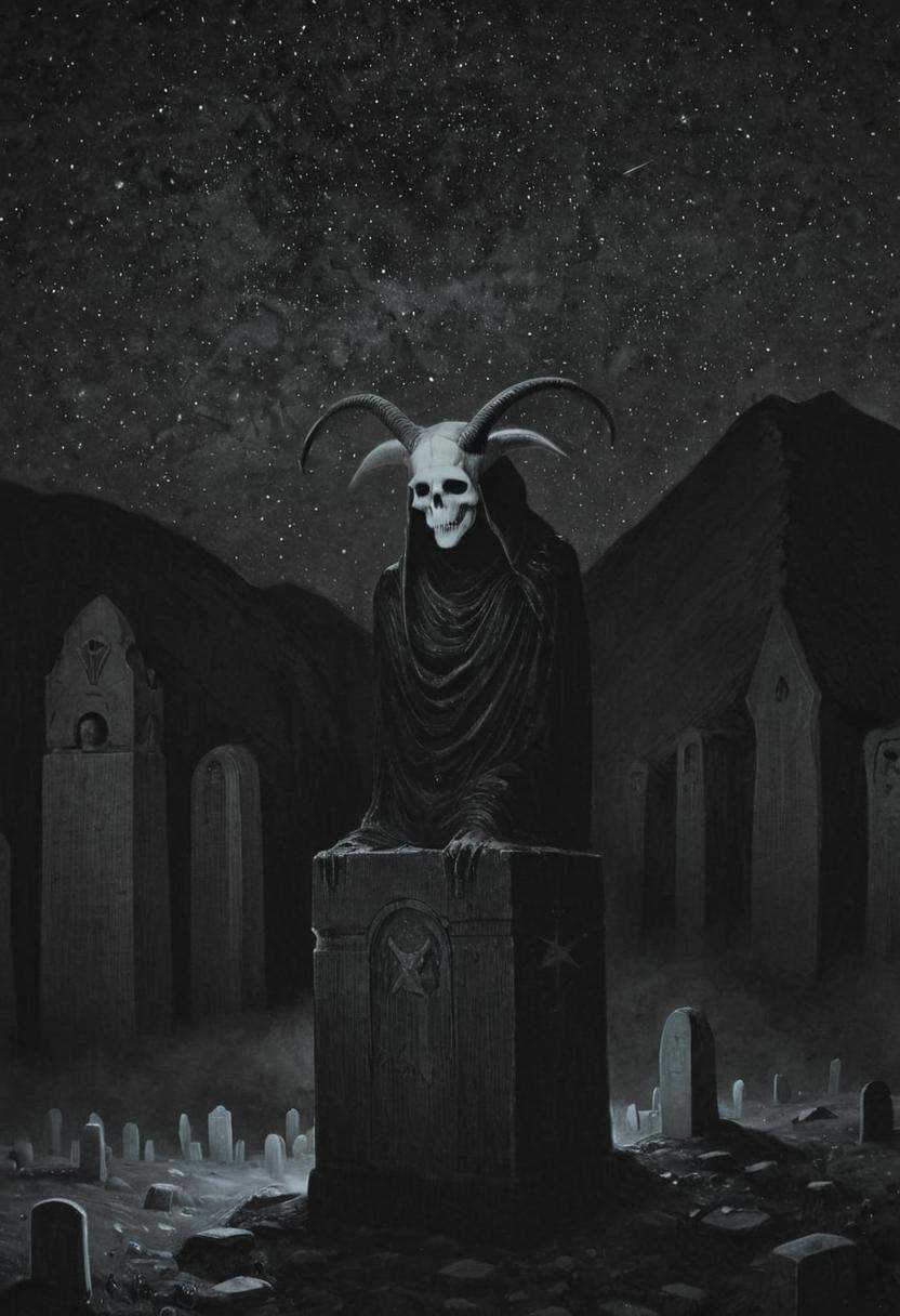 monoxxdr4ws,  A dark,  monochrome drawing depicting a horned skull-faced figure on a pedestal surrounded by tombs and spec...