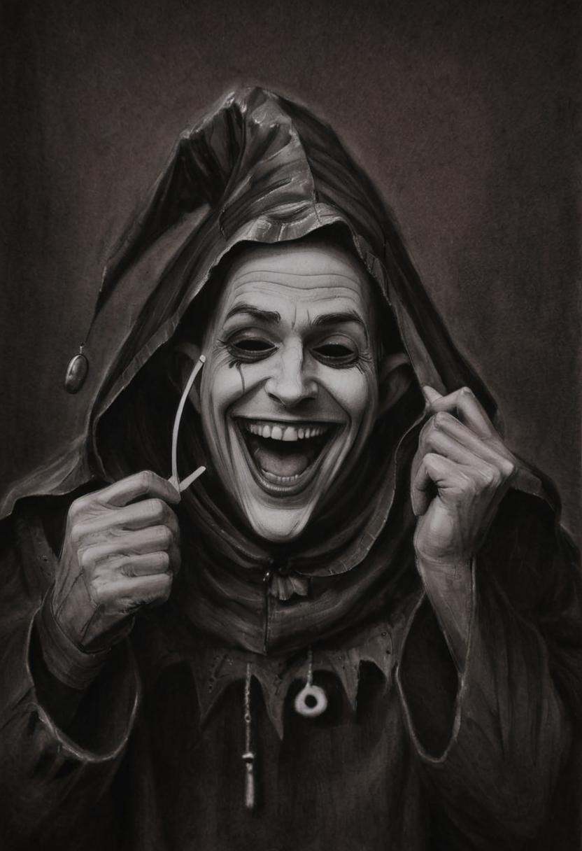 monoxxdr4ws,  A dark,  monochromatic drawing of a man in a jester's hood on Tensor.Art